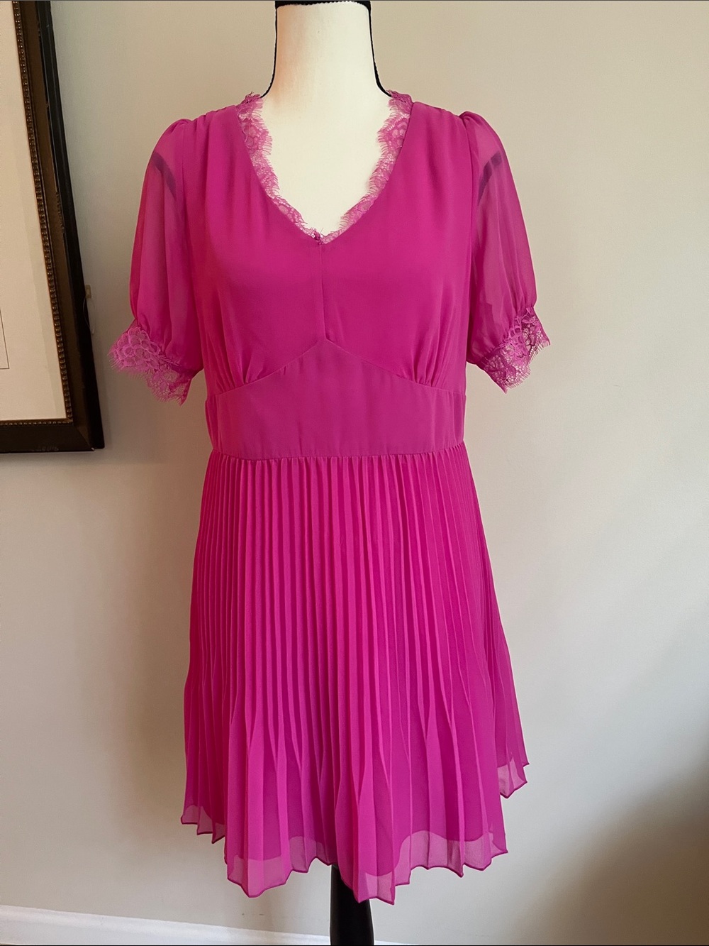 Talbots Petite Fuchsia Pink Lace-Trim Pleated Midi Dress Short Sleeve Size 8P